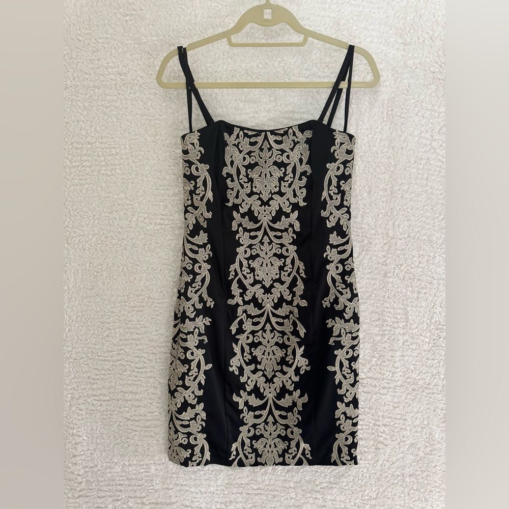 6-White House Black Market Black and gold knee length dress strapless formal